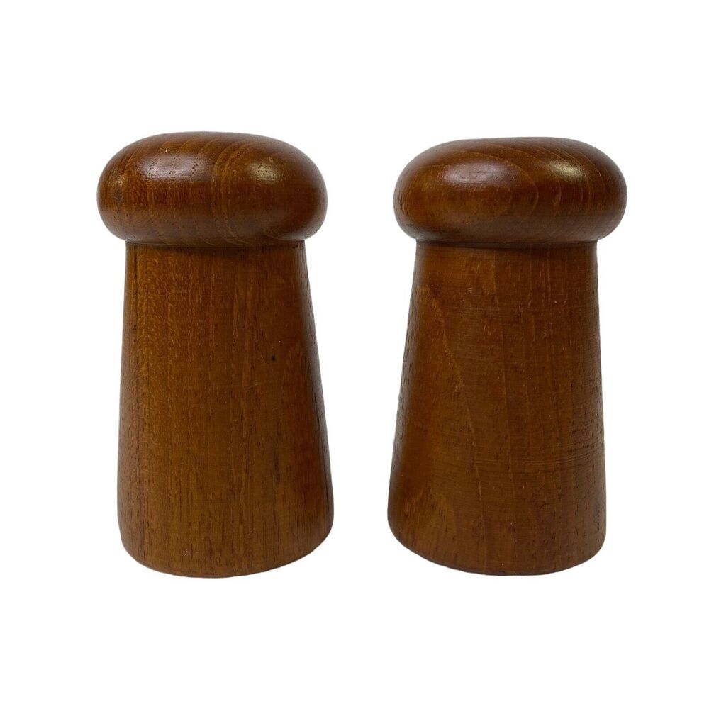 Vtg Teak Wood MCM Salt Pepper Shakers Mushroom Shaped Mid Century Modern 4”